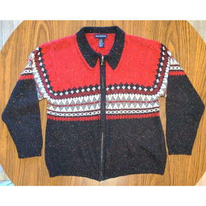 VTG Mountain Lake Women's L Fair Isle Full Zip Cardigan Sweater Red Black